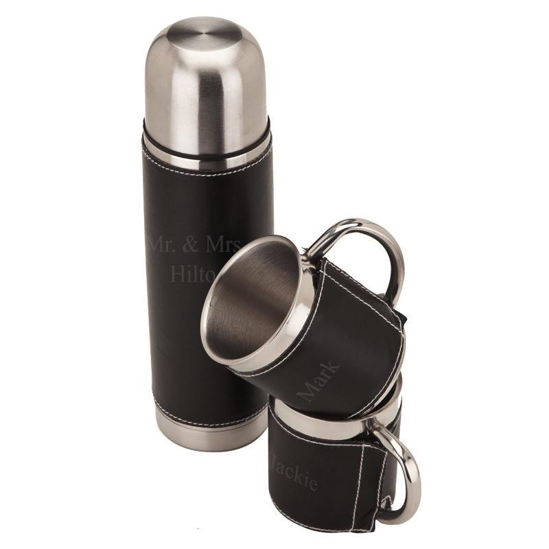 unknown Stainless Steel Leather Thermos and 2x Sleeve Cup Set