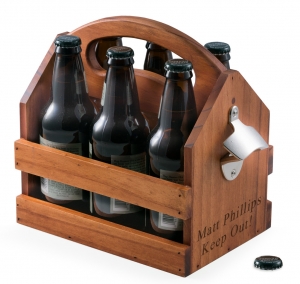 To Go 6-Pack Solid Wood Beverage Bottle Caddy w/ Bottle Opener