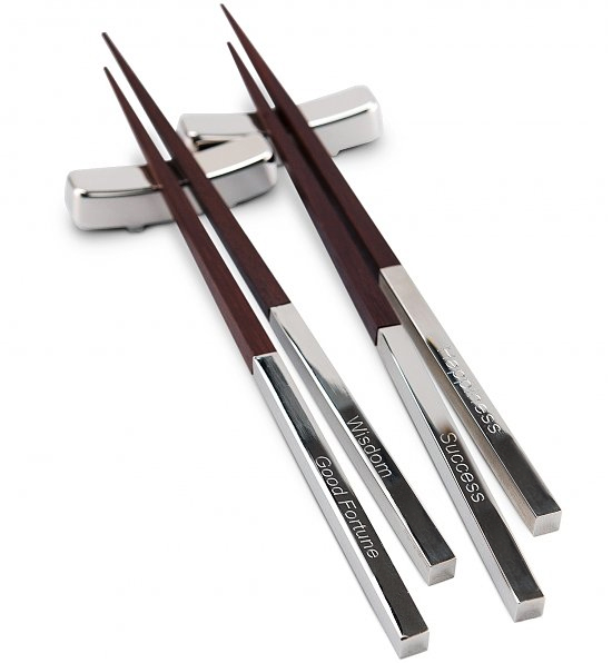 Engraved Brown Silver Asian Wood Chopsticks + Rest (3-Piece Set)